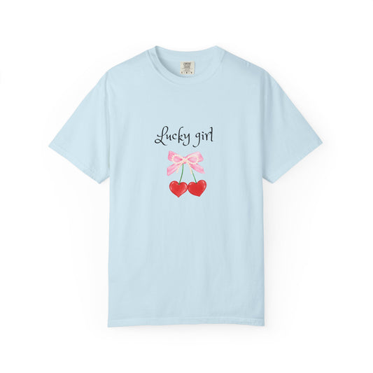 Lucky Girl Cherry Tee — Cute Pink Bow & Double Heart Graphic T-Shirt