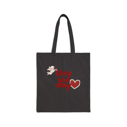 Slay the Day Canvas Tote Bag — Empowering Heart Graphic Cotton Shopper