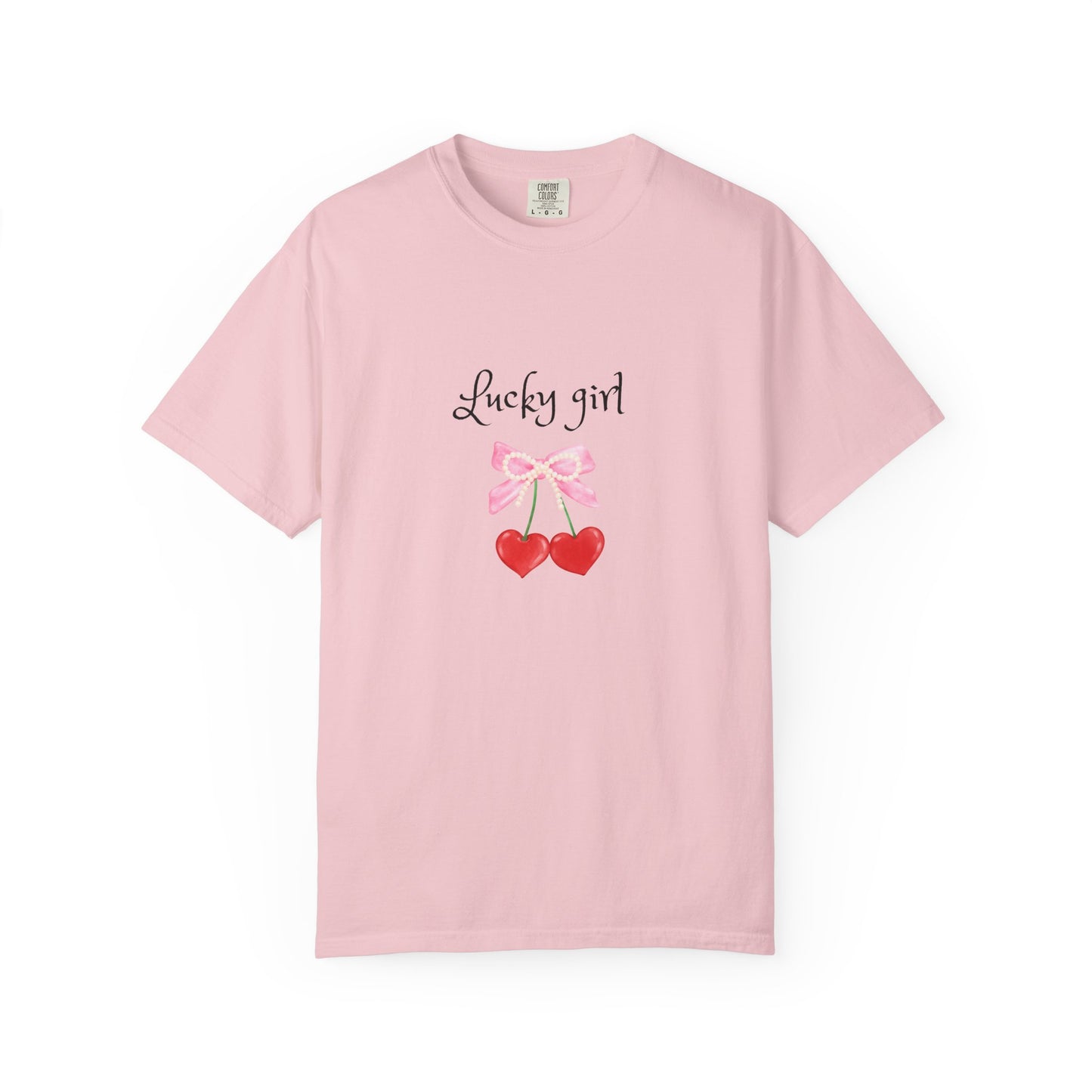 Lucky Girl Cherry Tee — Cute Pink Bow & Double Heart Graphic T-Shirt