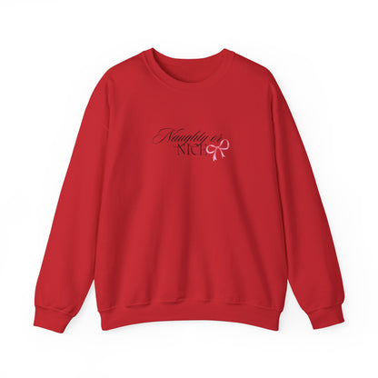 Crewneck Sweatshirt — “Naughty or Nice?” Script Design with Pink Ribbon