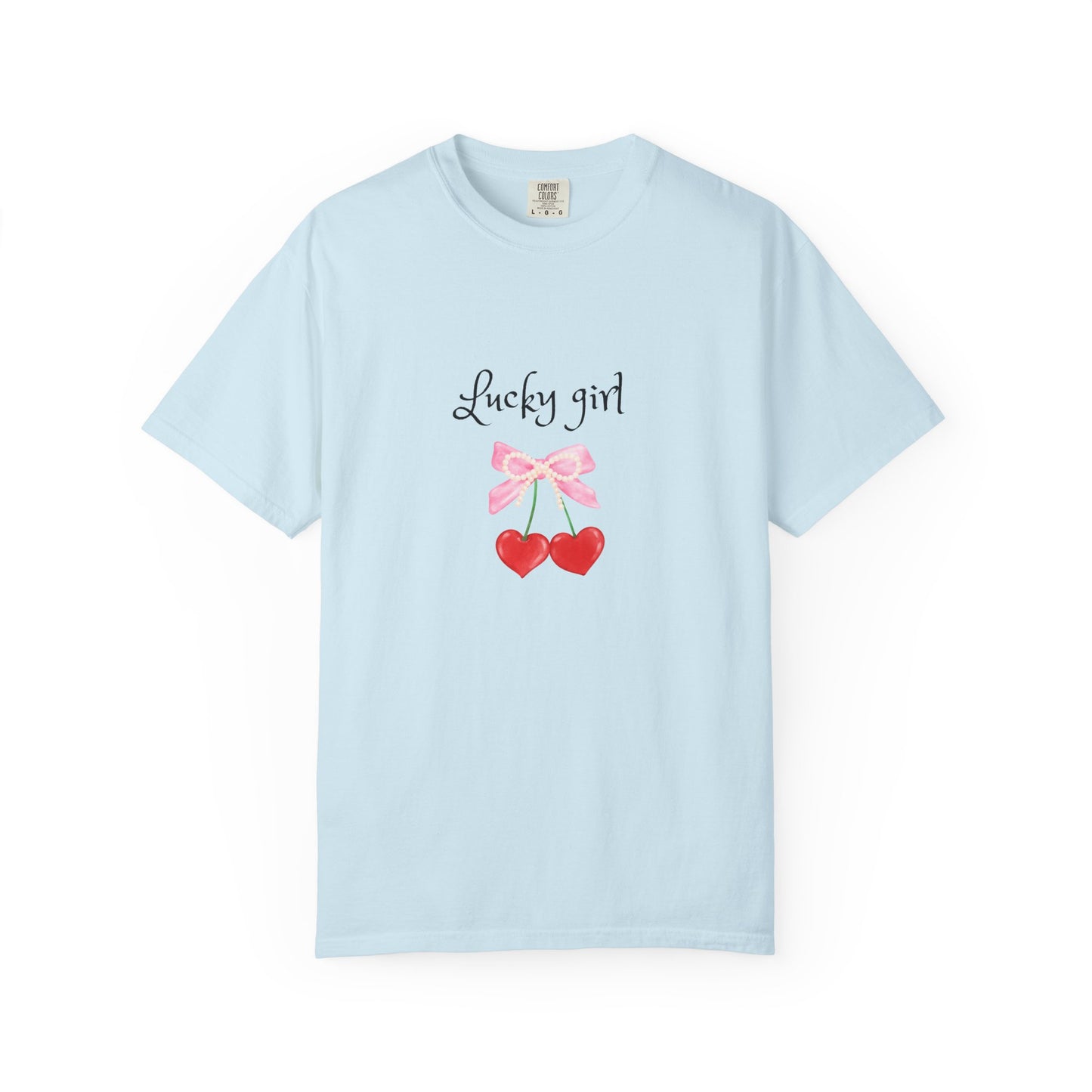 Lucky Girl Cherry Tee — Cute Pink Bow & Double Heart Graphic T-Shirt