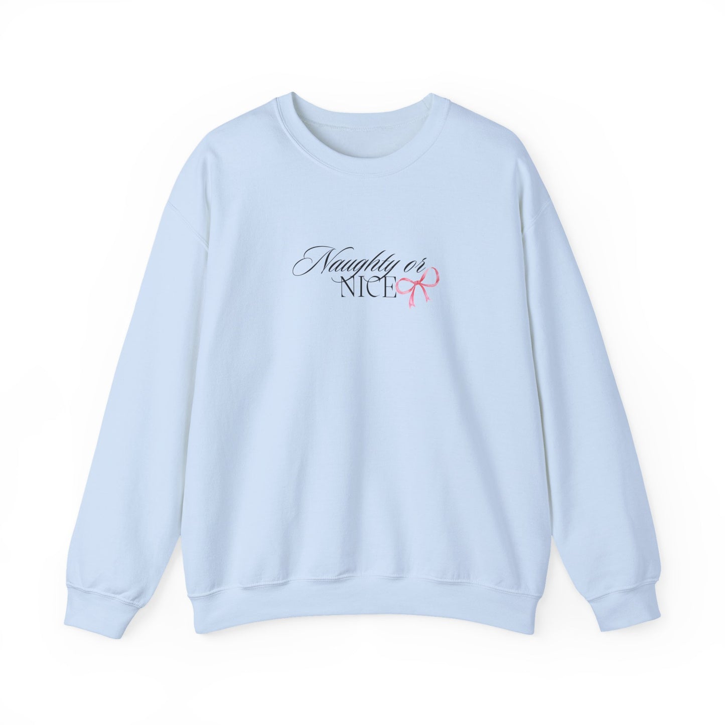 Crewneck Sweatshirt — “Naughty or Nice?” Script Design with Pink Ribbon