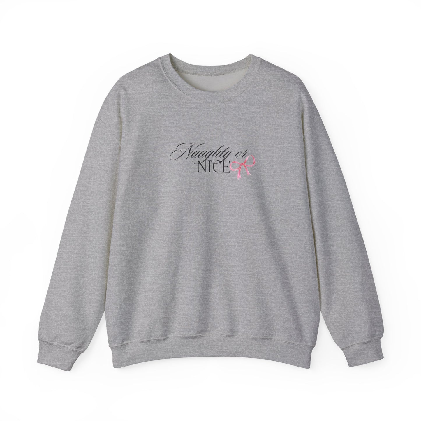 Crewneck Sweatshirt — “Naughty or Nice?” Script Design with Pink Ribbon