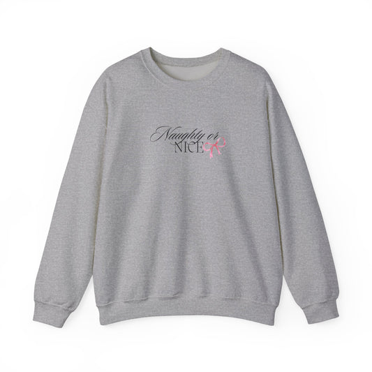 Crewneck Sweatshirt — “Naughty or Nice?” Script Design with Pink Ribbon