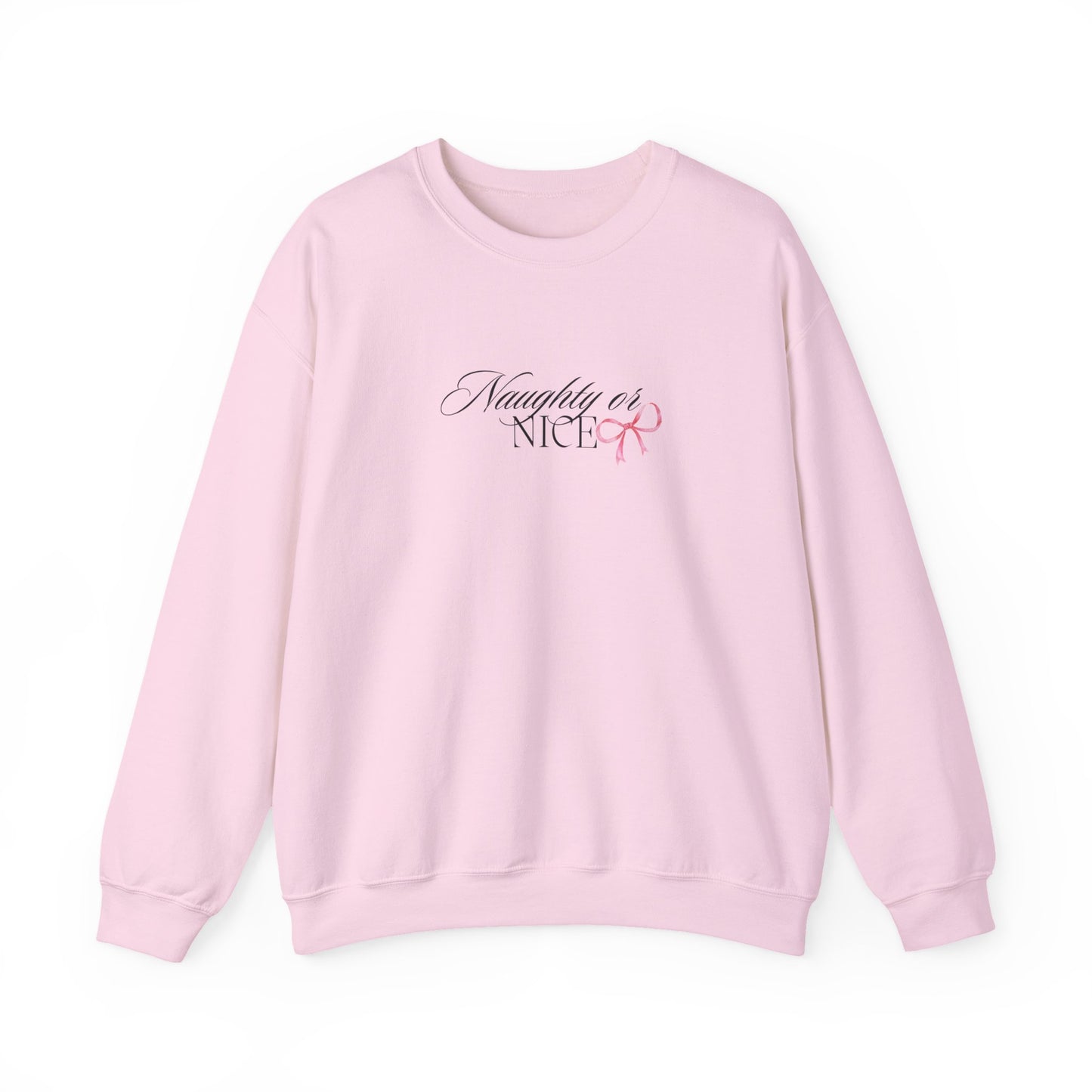 Crewneck Sweatshirt — “Naughty or Nice?” Script Design with Pink Ribbon