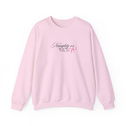 Crewneck Sweatshirt — “Naughty or Nice?” Script Design with Pink Ribbon
