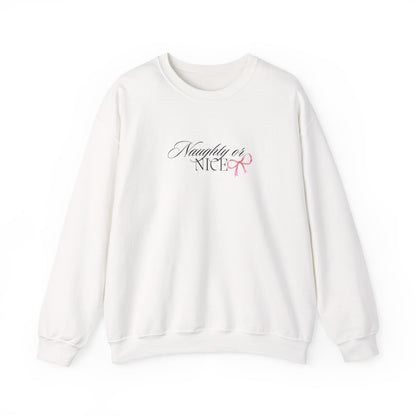 Crewneck Sweatshirt — “Naughty or Nice?” Script Design with Pink Ribbon