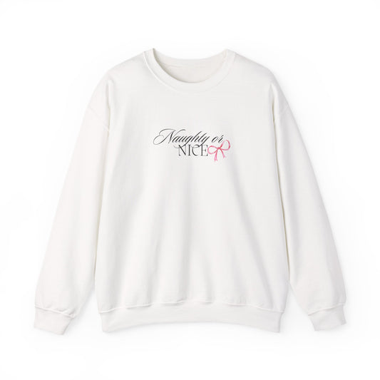 Crewneck Sweatshirt — “Naughty or Nice?” Script Design with Pink Ribbon