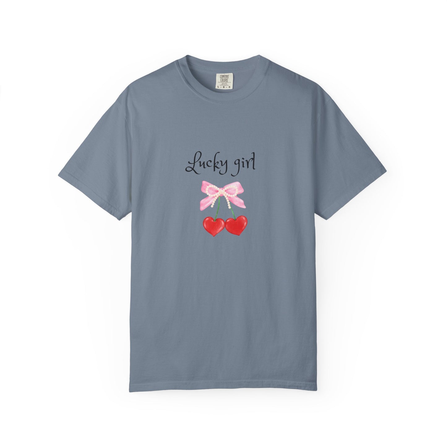 Lucky Girl Cherry Tee — Cute Pink Bow & Double Heart Graphic T-Shirt