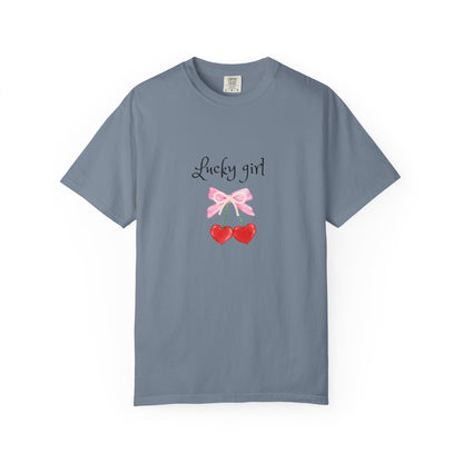 Lucky Girl Cherry Tee — Cute Pink Bow & Double Heart Graphic T-Shirt