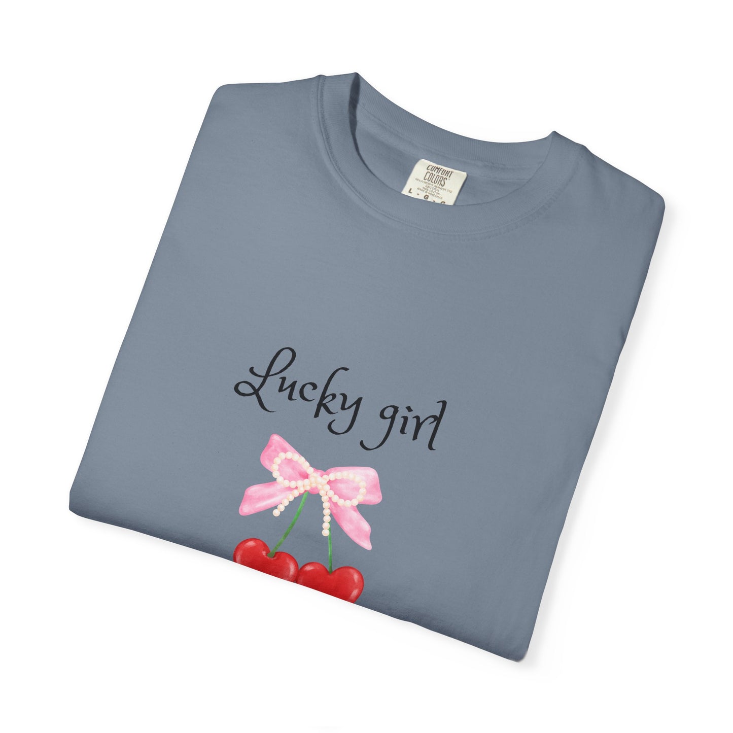 Lucky Girl Cherry Tee — Cute Pink Bow & Double Heart Graphic T-Shirt