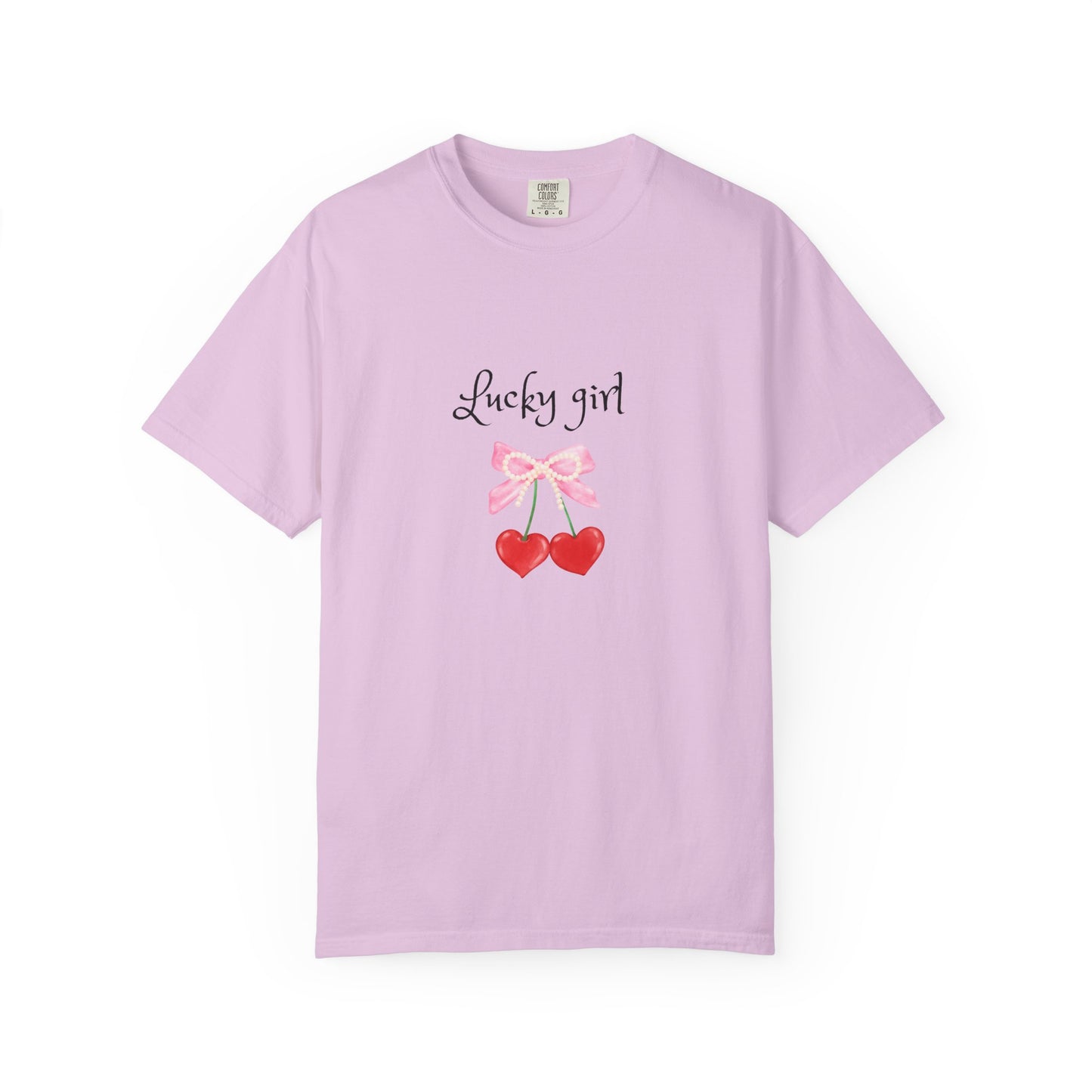 Lucky Girl Cherry Tee — Cute Pink Bow & Double Heart Graphic T-Shirt
