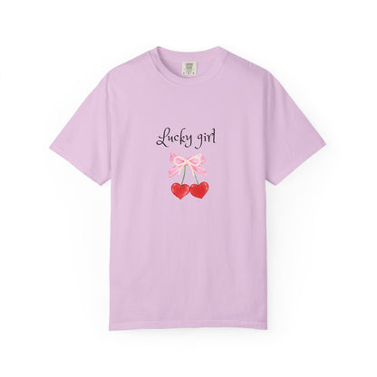 Lucky Girl Cherry Tee — Cute Pink Bow & Double Heart Graphic T-Shirt