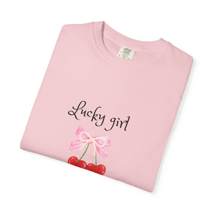 Lucky Girl Cherry Tee — Cute Pink Bow & Double Heart Graphic T-Shirt