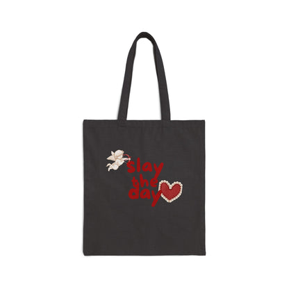Slay the Day Canvas Tote Bag — Empowering Heart Graphic Cotton Shopper