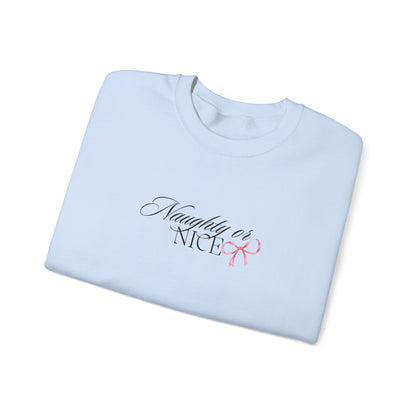 Crewneck Sweatshirt — “Naughty or Nice?” Script Design with Pink Ribbon