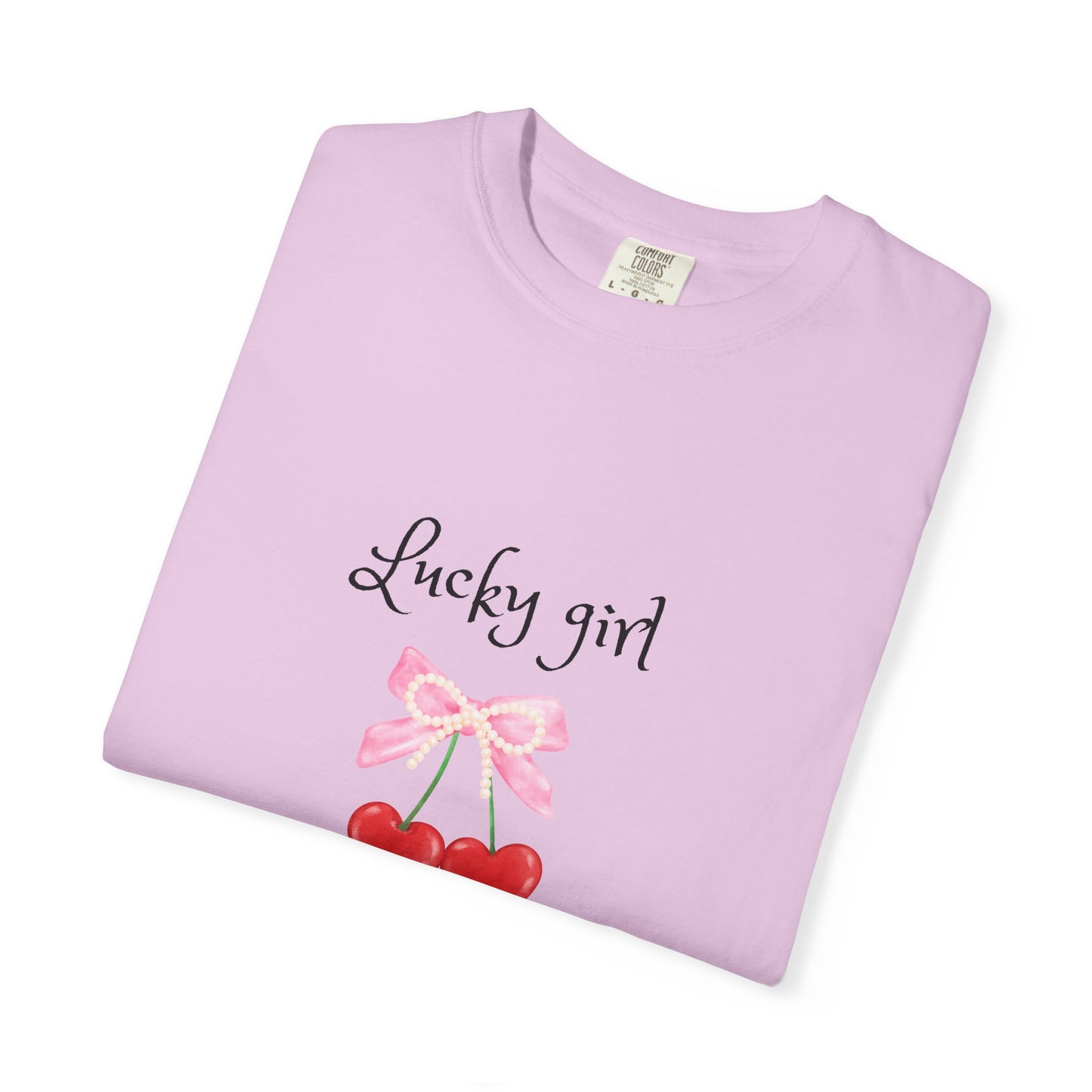 Lucky Girl Cherry Tee — Cute Pink Bow & Double Heart Graphic T-Shirt