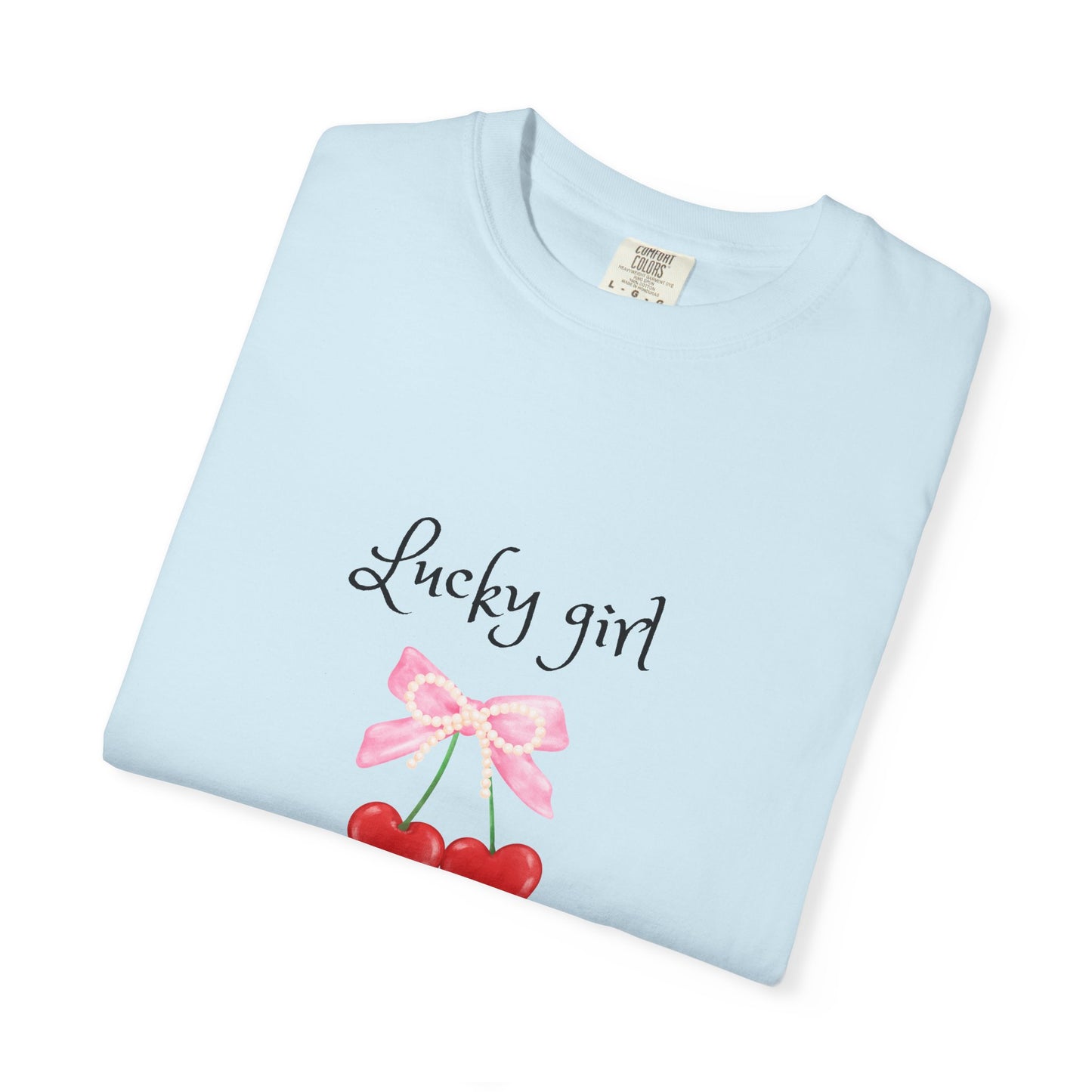 Lucky Girl Cherry Tee — Cute Pink Bow & Double Heart Graphic T-Shirt