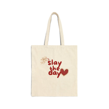 Slay the Day Canvas Tote Bag — Empowering Heart Graphic Cotton Shopper