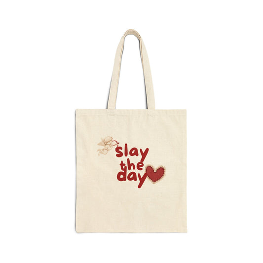 Slay the Day Canvas Tote Bag — Empowering Heart Graphic Cotton Shopper