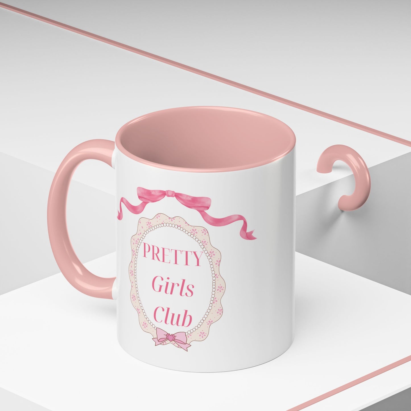 Pretty Girls Club Accent Coffee Mug — Pink Ribbon Decorative Ceramic Mug (11/15oz)