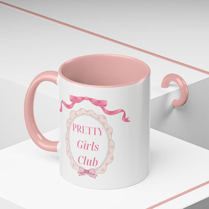 Pretty Girls Club Accent Coffee Mug — Pink Ribbon Decorative Ceramic Mug (11/15oz)