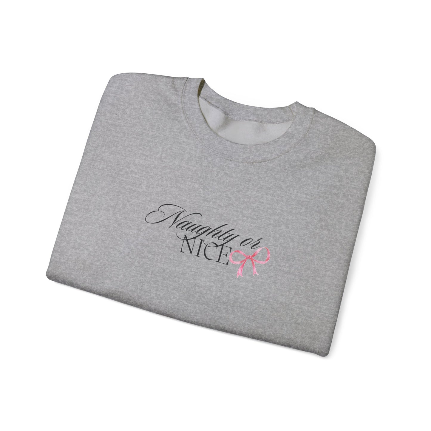 Crewneck Sweatshirt — “Naughty or Nice?” Script Design with Pink Ribbon