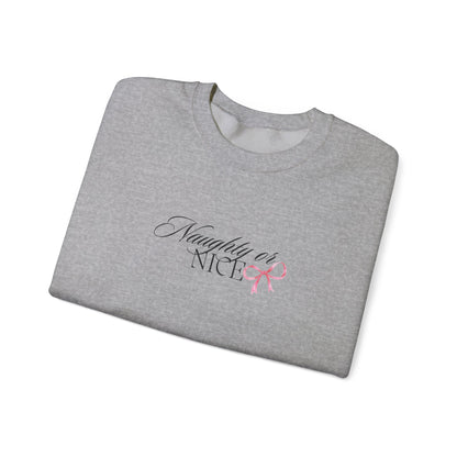 Crewneck Sweatshirt — “Naughty or Nice?” Script Design with Pink Ribbon
