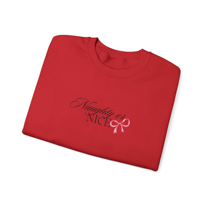 Crewneck Sweatshirt — “Naughty or Nice?” Script Design with Pink Ribbon