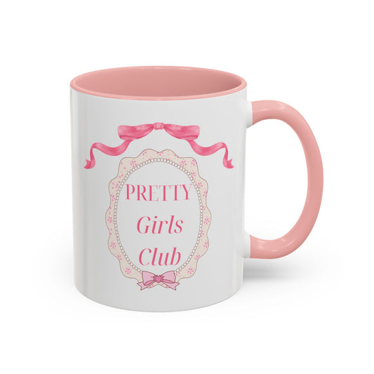 Pretty Girls Club Accent Coffee Mug — Pink Ribbon Decorative Ceramic Mug (11/15oz)
