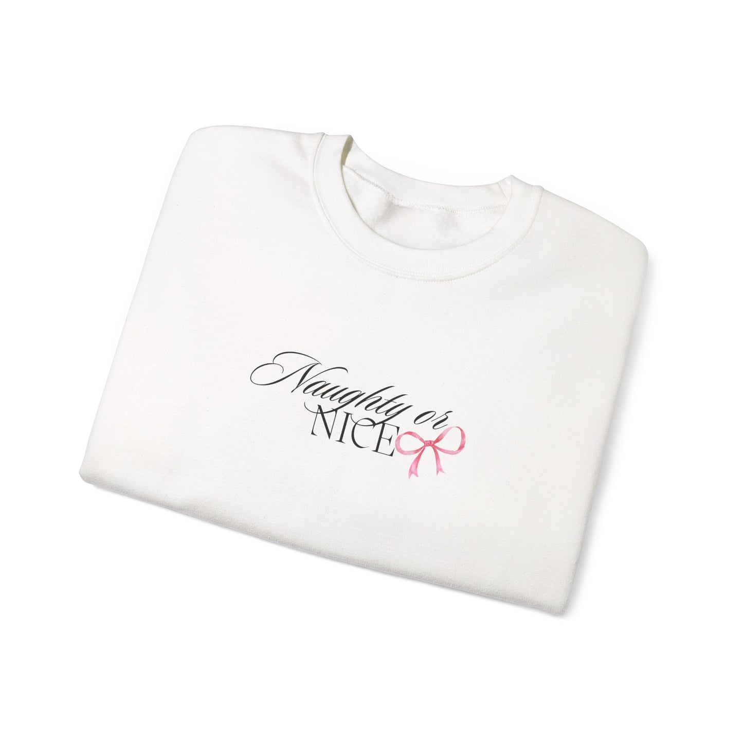 Crewneck Sweatshirt — “Naughty or Nice?” Script Design with Pink Ribbon