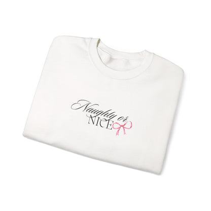 Crewneck Sweatshirt — “Naughty or Nice?” Script Design with Pink Ribbon