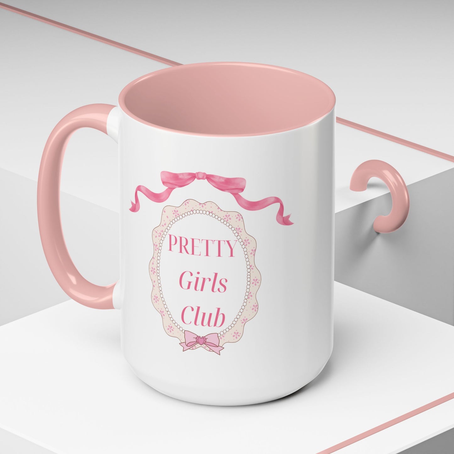 Pretty Girls Club Accent Coffee Mug — Pink Ribbon Decorative Ceramic Mug (11/15oz)