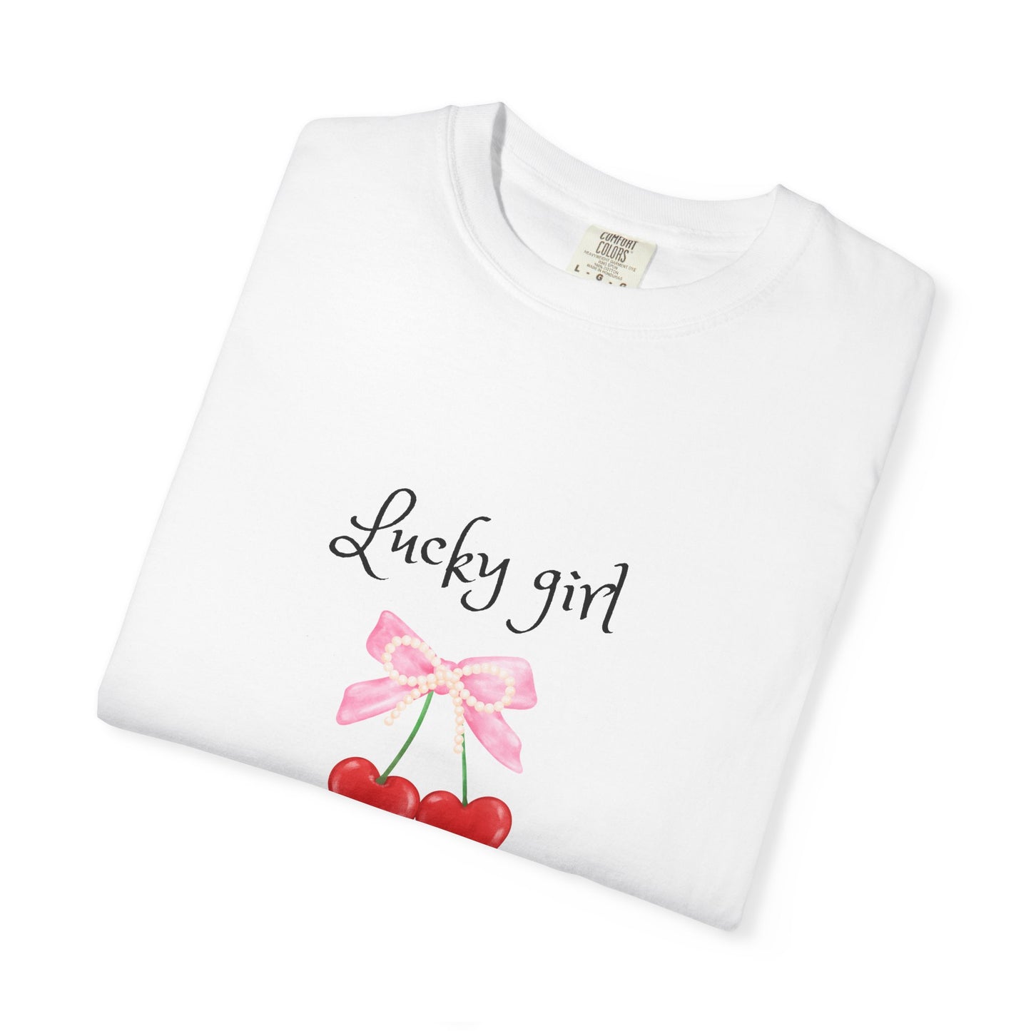 Lucky Girl Cherry Tee — Cute Pink Bow & Double Heart Graphic T-Shirt