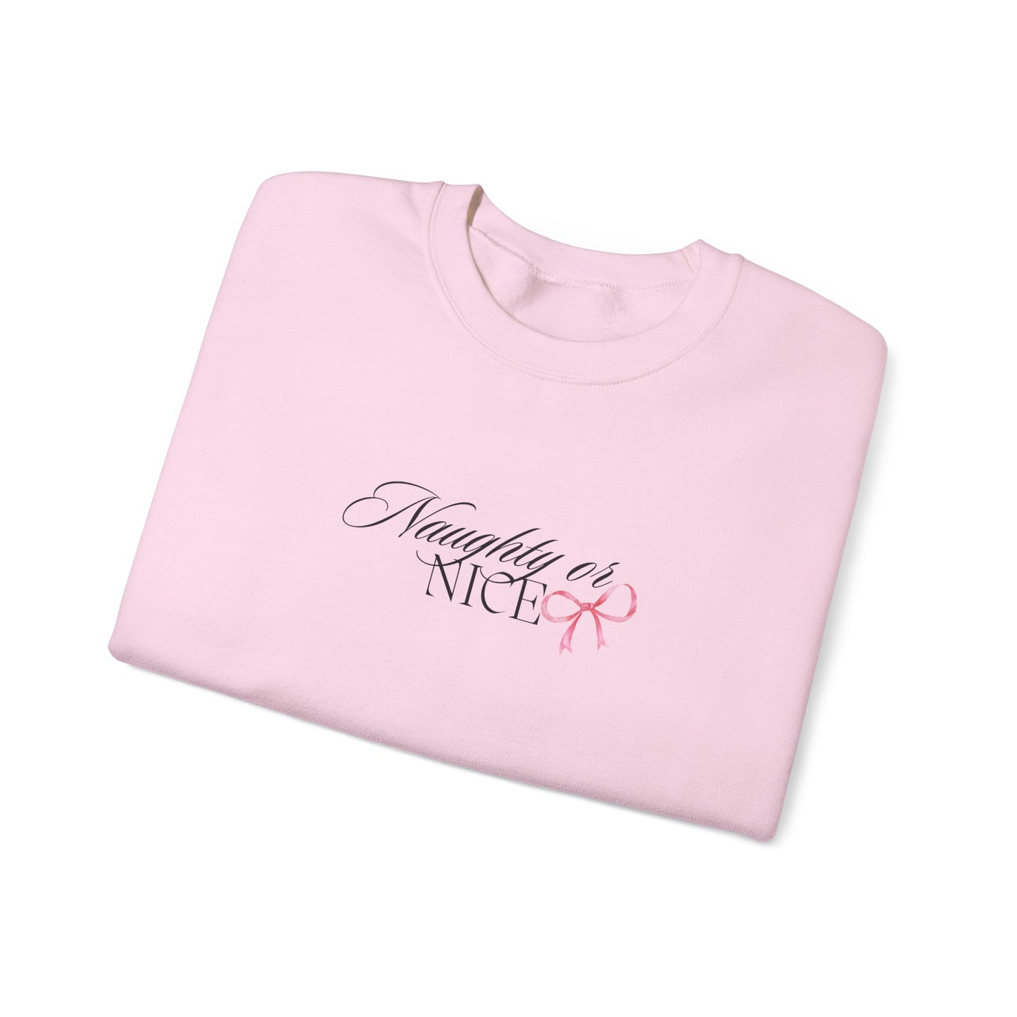Crewneck Sweatshirt — “Naughty or Nice?” Script Design with Pink Ribbon