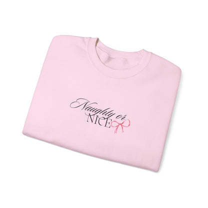 Crewneck Sweatshirt — “Naughty or Nice?” Script Design with Pink Ribbon