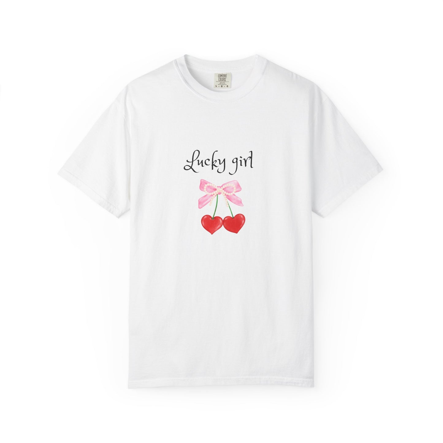 Lucky Girl Cherry Tee — Cute Pink Bow & Double Heart Graphic T-Shirt