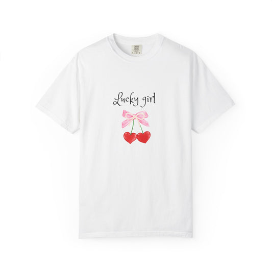 Lucky Girl Cherry Tee — Cute Pink Bow & Double Heart Graphic T-Shirt